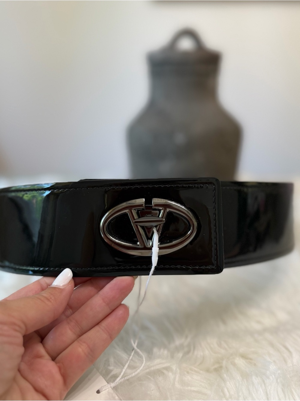 Valentino Garavani Black Patent Leather Wide Waist Belt with Silver Logo Buckle